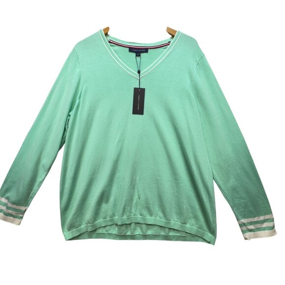 Tommy Hilfiger Womens V-Neck Sweater Size 1x Mint Green Long Sleeves Casual NWT - Picture 1 of 11